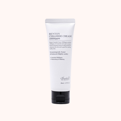 Tube of Benton Ceramide Cream with a white background, details on the label show the product is enriched with ceramides, has a pH of 4.5, and is suitable for all skin types.