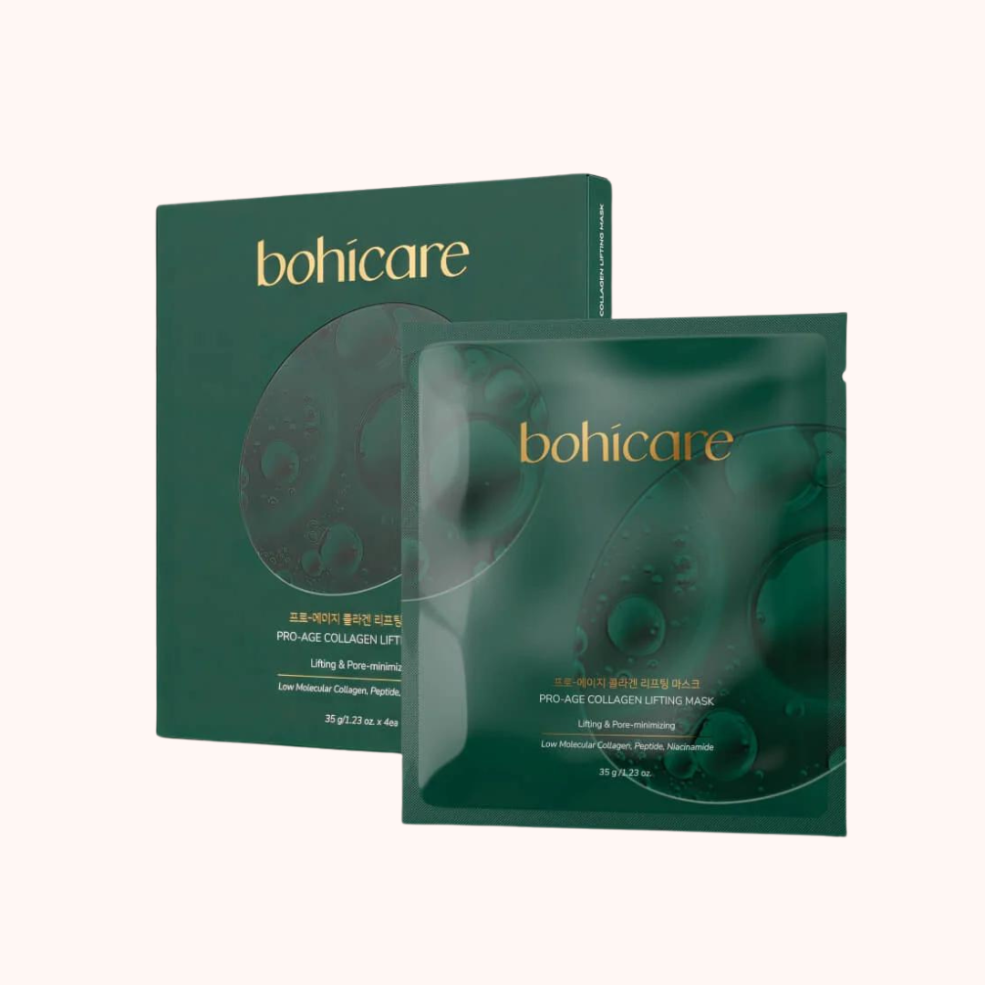 Bohicare Pro-Age Collagen Lifting Mask product packaging, including a box and a sachet mask.