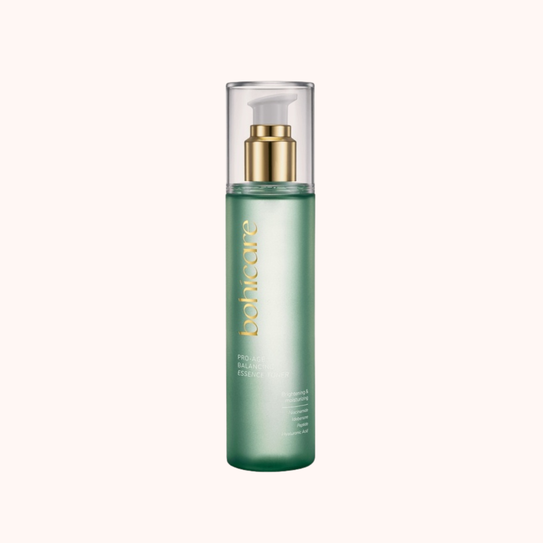 A green bottle of Bohicare Pro Age Balancing Essence Toner with a pump dispenser, labeled in white and gold.