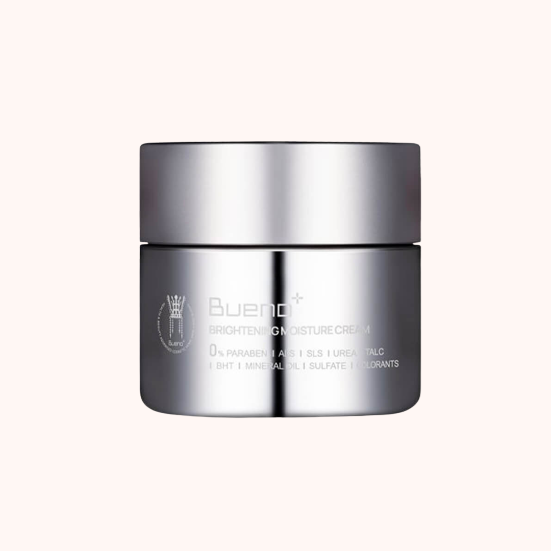 A jar of Bueno Anti Wrinkle Brightening Moisture Cream against a light pink background.