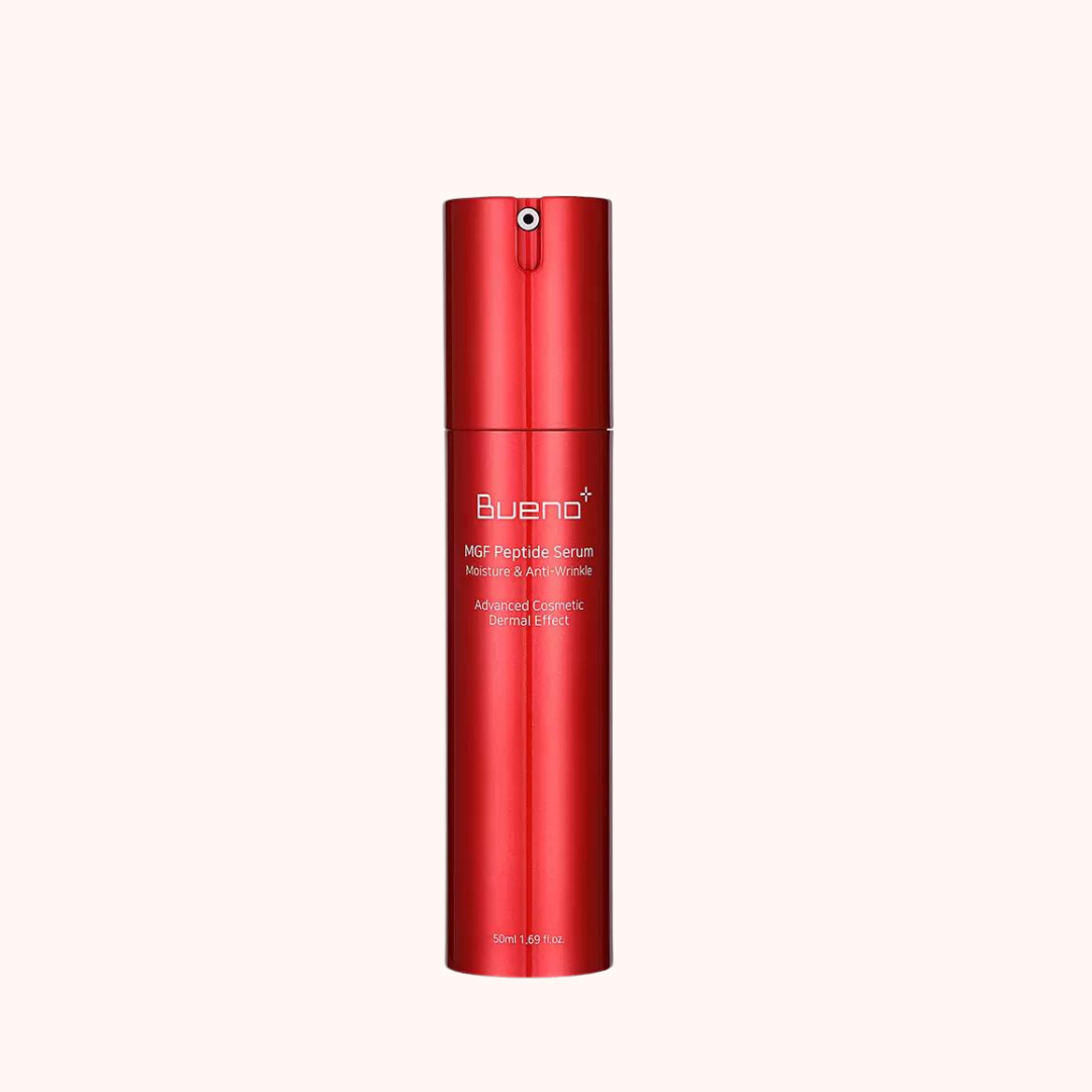 A red pump bottle of Bueno MGF Peptide Serum Plus 50ml designed for skincare.