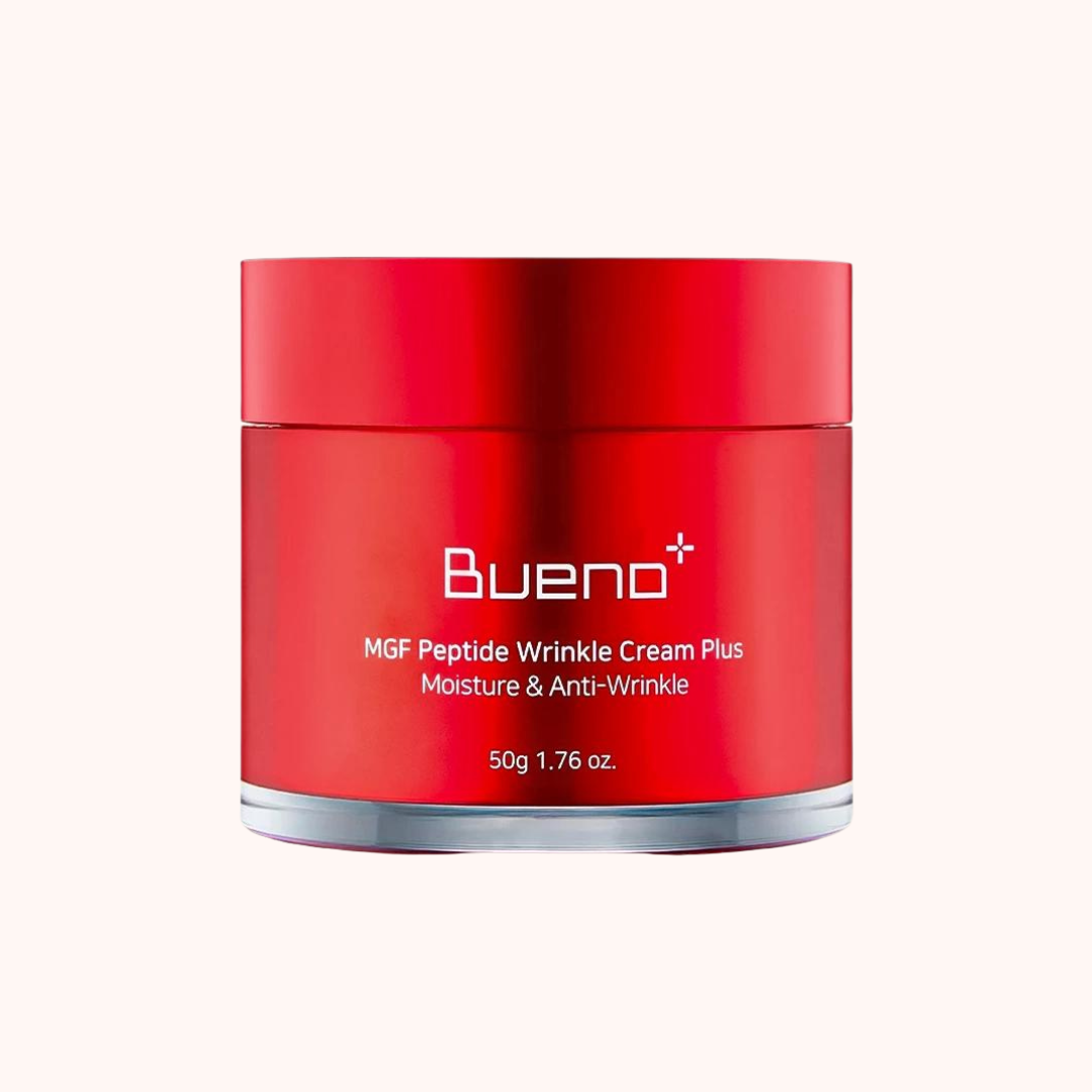 A red jar of Bueno MGF Peptide Wrinkle Cream Plus, 50g in size, with white and silver text detailing the product&