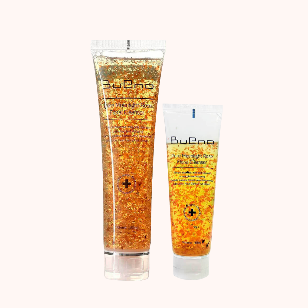 Two tubes of Bueno Pure Moonlight Rose Floral Cleanser, one larger and one smaller, with a gold and rose design on the packaging.
