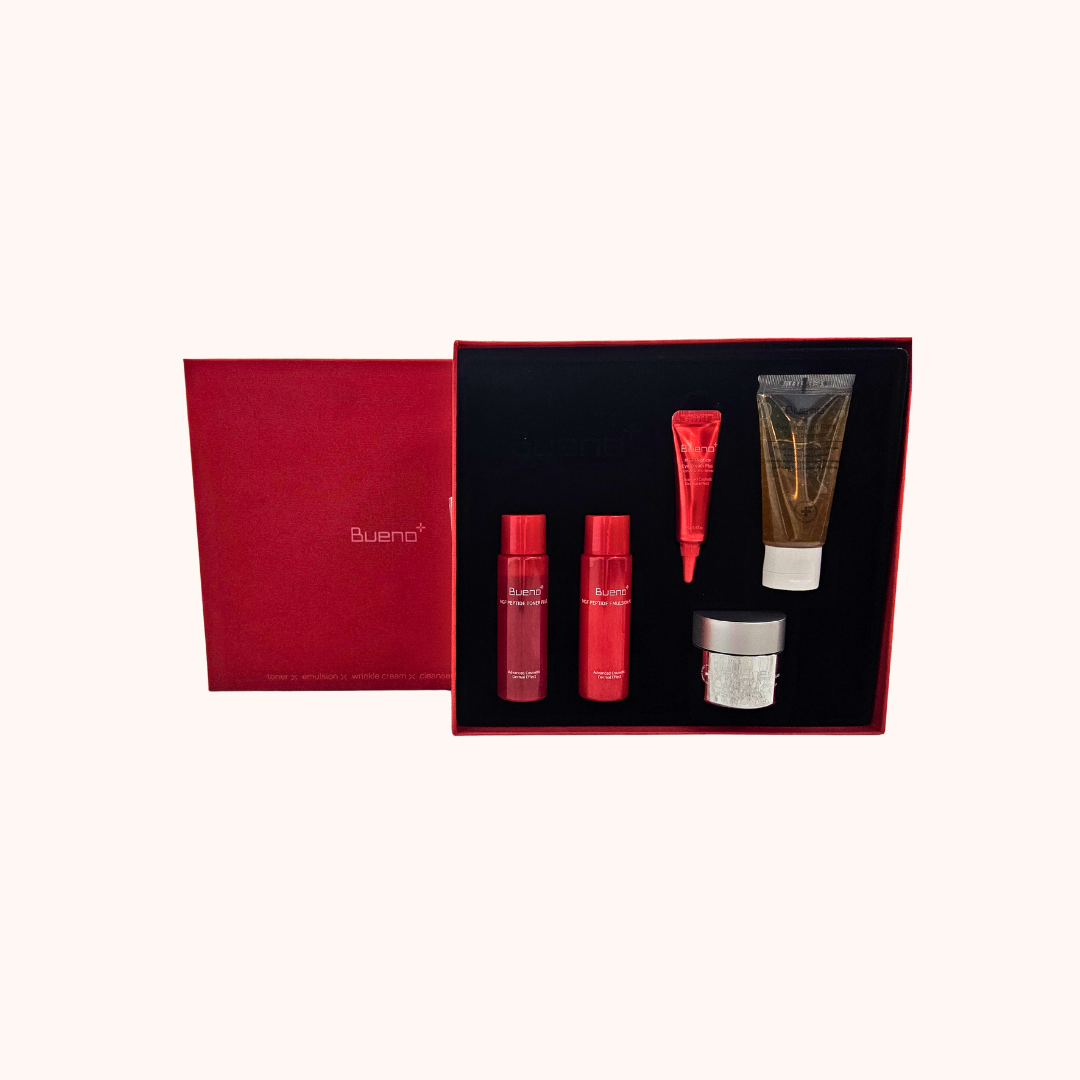 Cosmetic set with red and black packaging on a white background