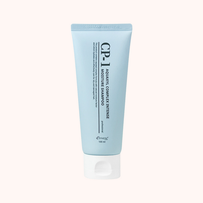 A tube of CP-1 Esthetic House Aquaxyl Complex Intense Moisture Shampoo 100ml, light blue packaging with text.