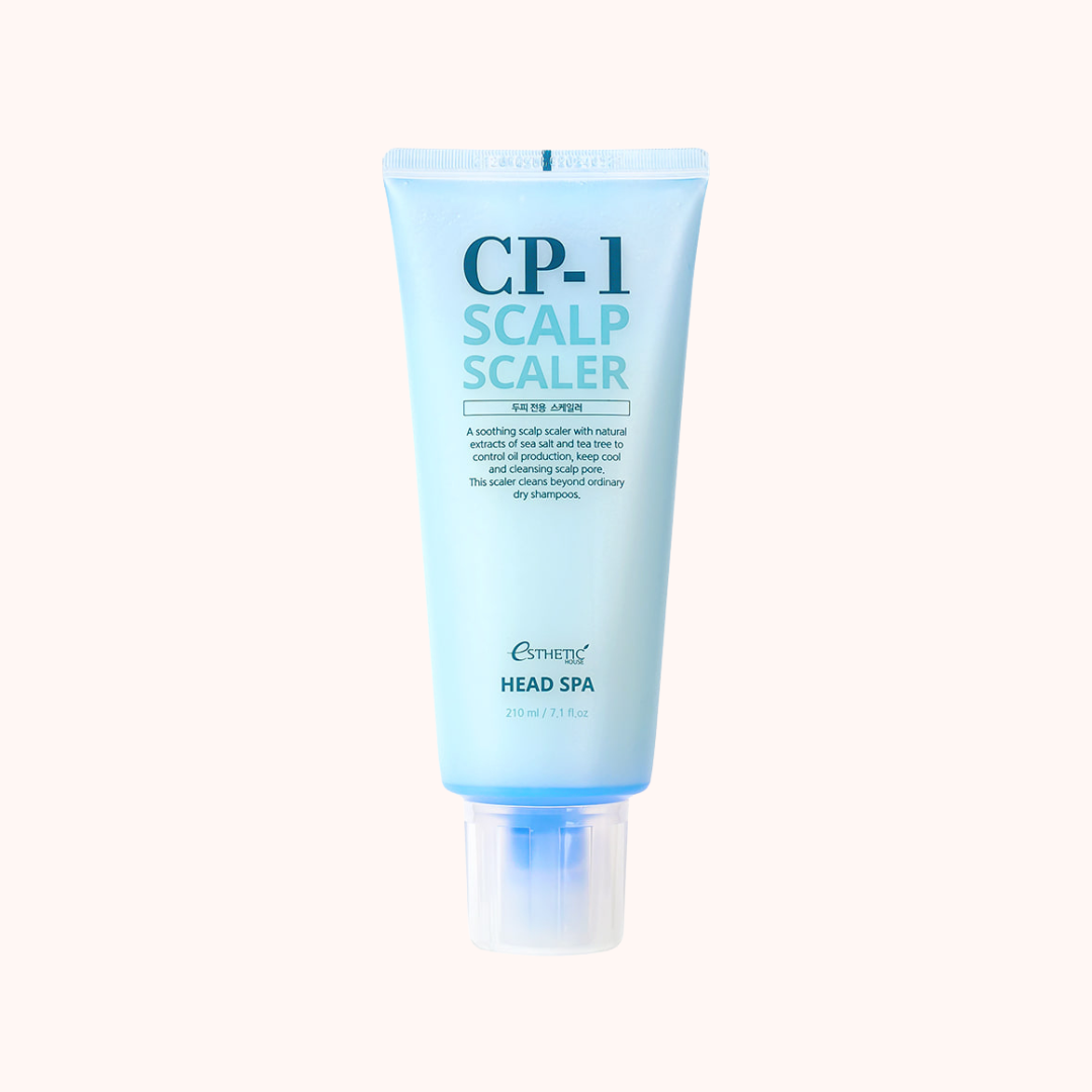 A tube of CP-1 Esthetic House Head Spa Scalp Scaler, predominantly blue in color with white and green text detailing the product name and benefits.