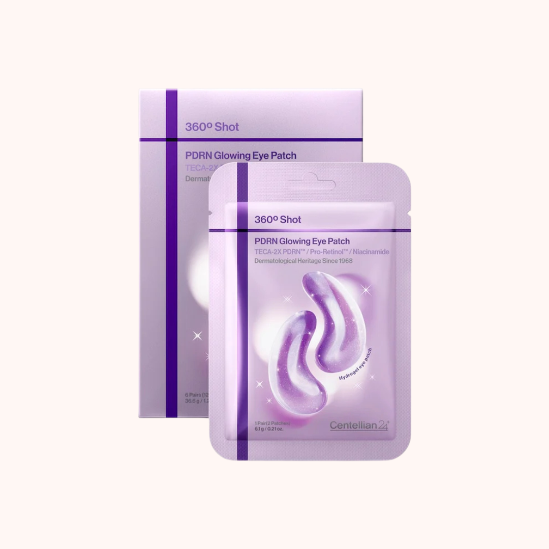 Two packets of 360° Shot PDRN Glowing Eye Patch by Gentilean Co., one larger box in the background and one smaller pouch in the foreground, both in a light purple color with a white eye patch illustration.
