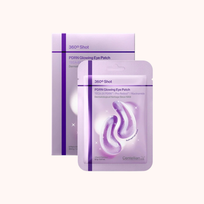 Two packets of 360° Shot PDRN Glowing Eye Patch by Gentilean Co., one larger box in the background and one smaller pouch in the foreground, both in a light purple color with a white eye patch illustration.