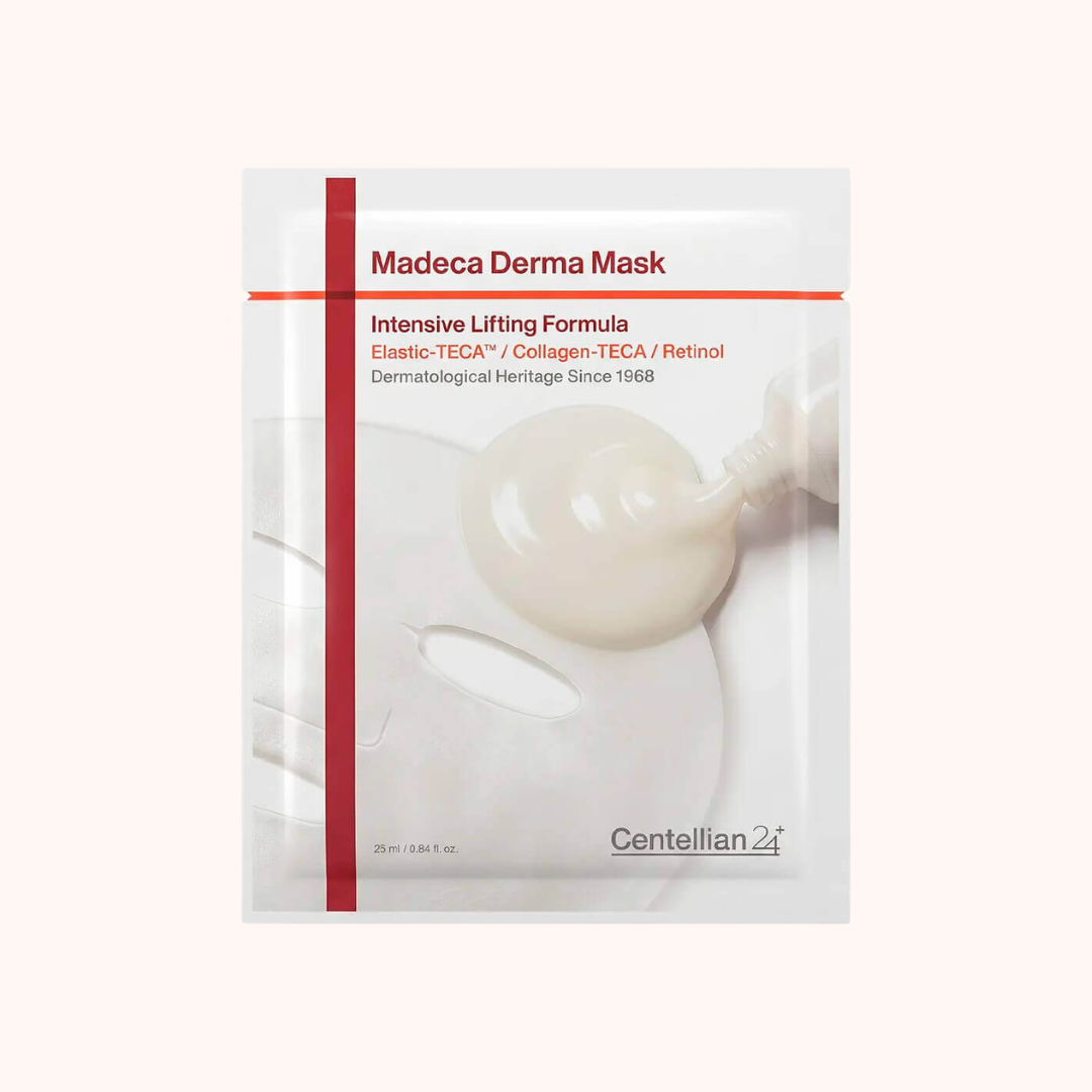 A single packet of Centellian 24+ Madeca Derma Mask Intensive Lifting Formula, featuring a white and red design with an illustration of a lifting mask and cream being poured onto a face.