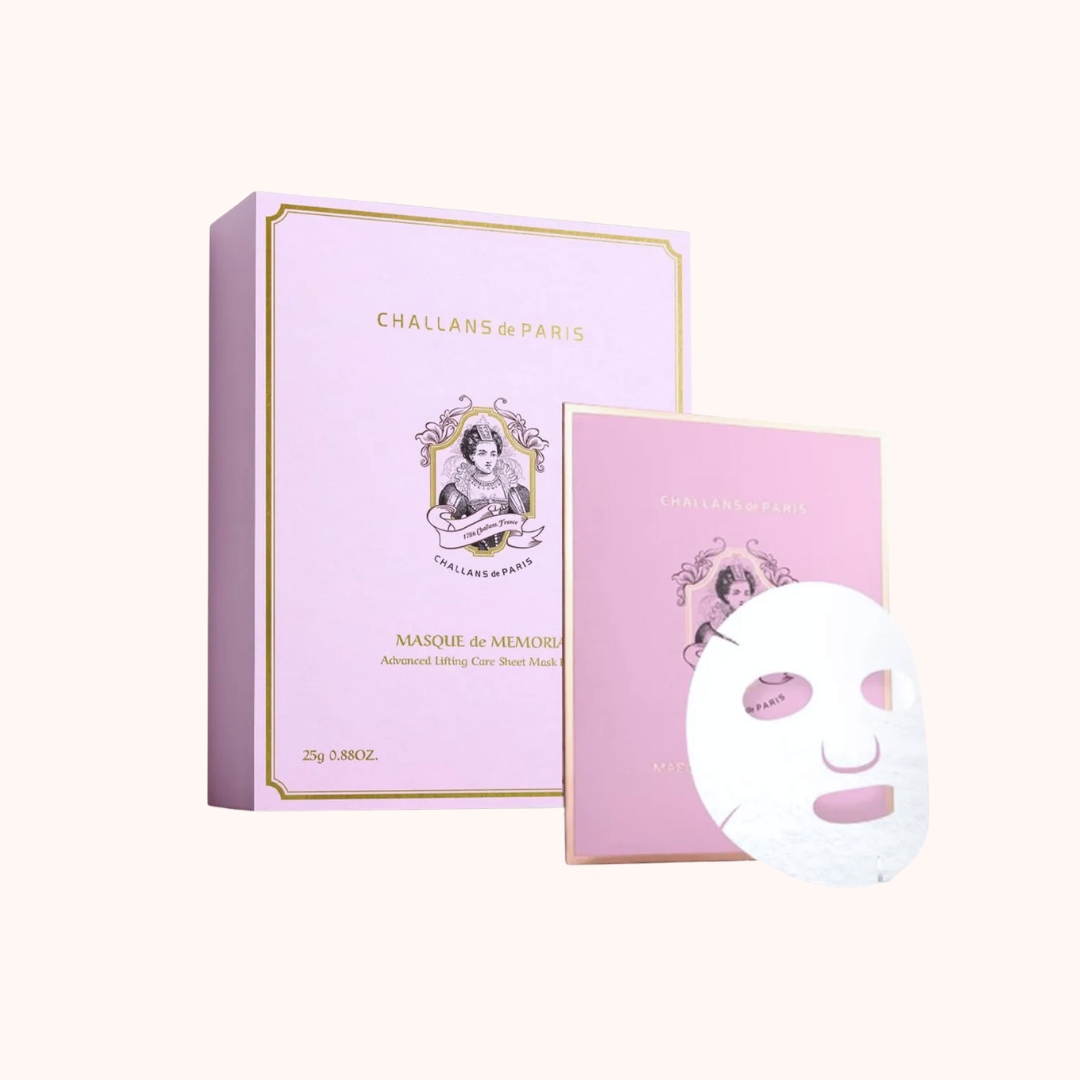 Challans de Paris face mask packaging with a white mask sheet on a pink background