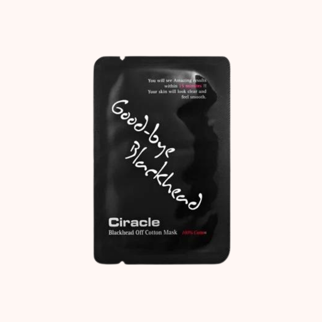 Packaging of Ciracle Blackhead Off Cotton Mask, predominantly black with white and red text, describing the product and its use.