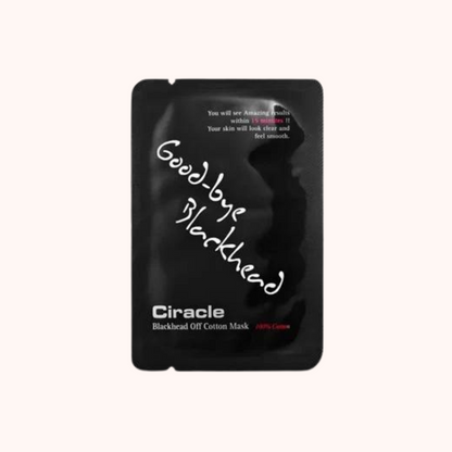 Packaging of Ciracle Blackhead Off Cotton Mask, predominantly black with white and red text, describing the product and its use.