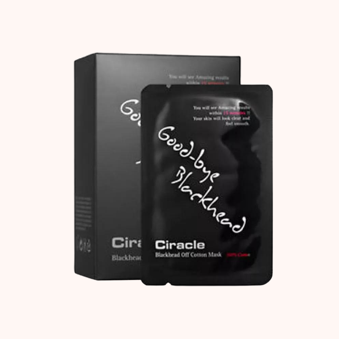 Ciracle Blackhead Off Cotton Mask Pack in a black and white packaging, with the mask itself depicted in black color.