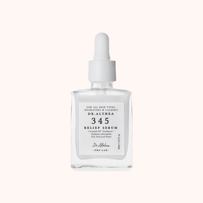A clear glass dropper bottle of Dr. Althna 345 Relief Serum with a white cap and white label, centered on a pale cream background.