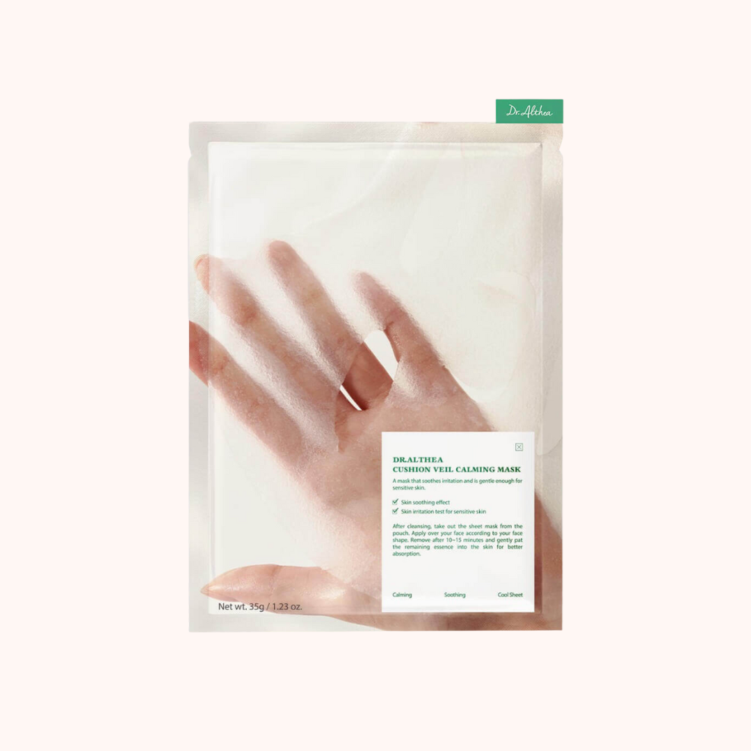 Dr. Jart+ cushion veil calming mask packaging with a hand holding it on a white background
