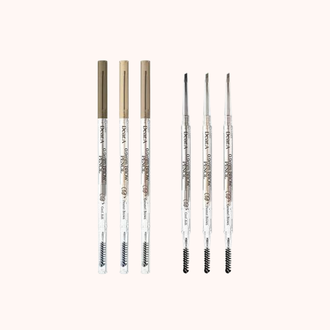 Three ultra slim eyebrow pencils in different shades with a micro screw brush next to them, all packaged in a transparent casing.