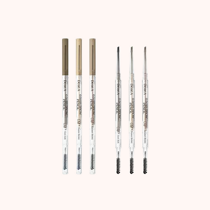 Three ultra slim eyebrow pencils in different shades with a micro screw brush next to them, all packaged in a transparent casing.