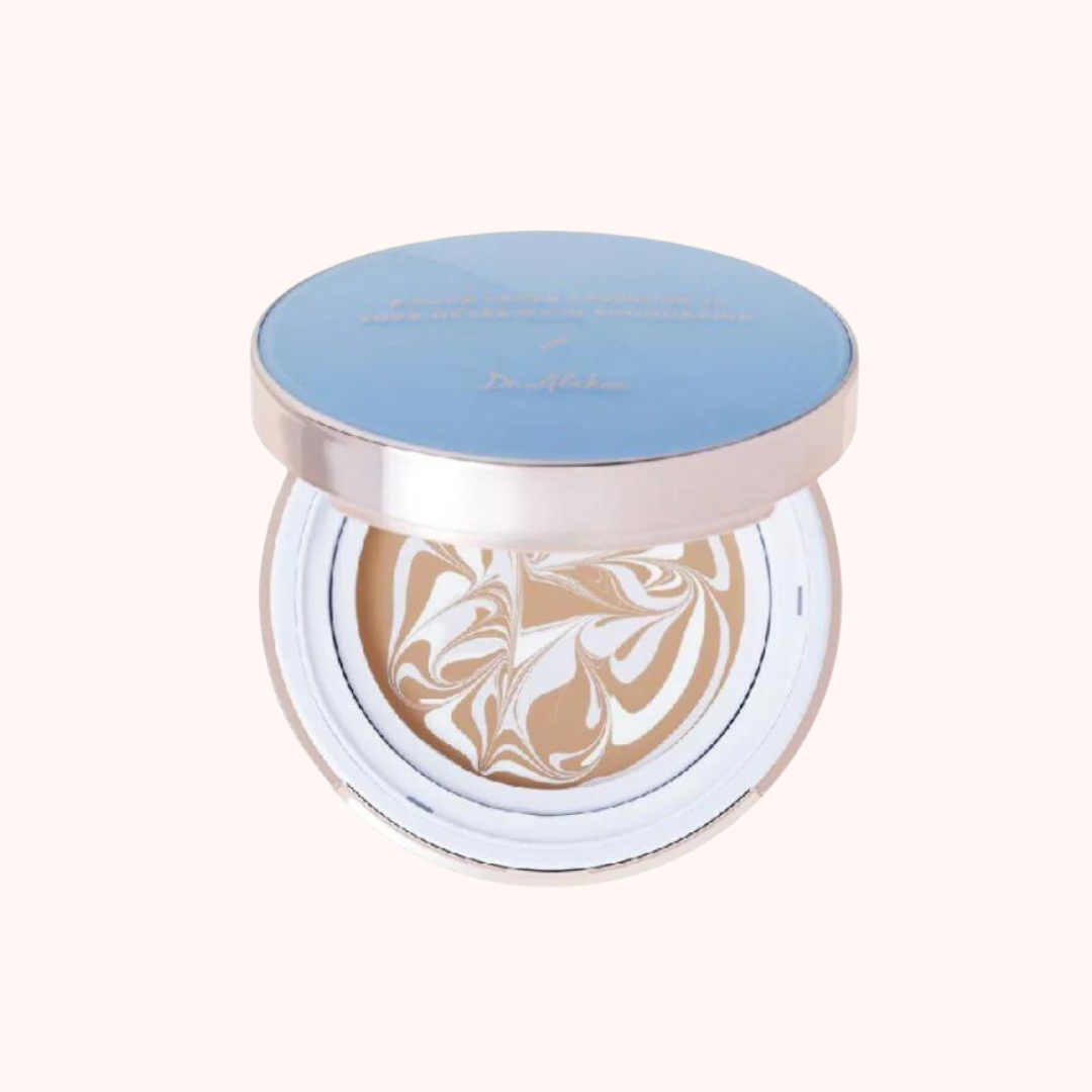 A palette of Dr. Althea Double Serum Balm Foundation with SPF50+/PA+++ protection, featuring a marbled texture design and a blue lid.