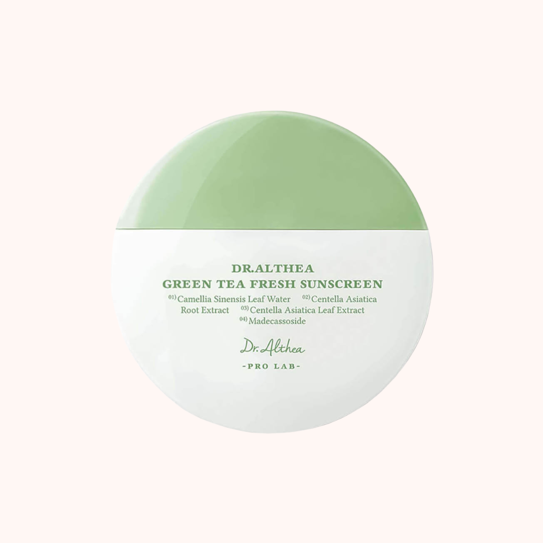 Green tea fresh sunscreen container with branding on a white background