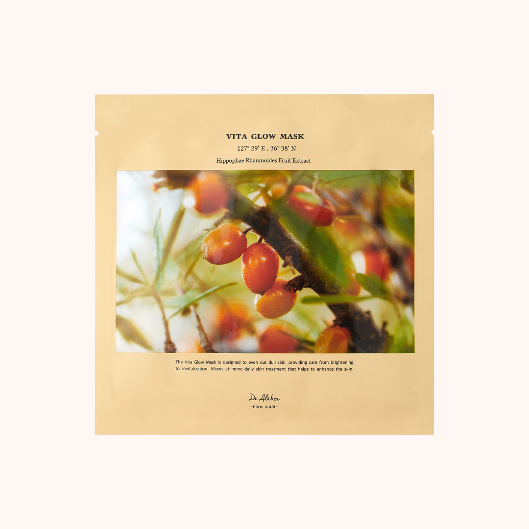 Vita Glow Mask packaging with a natural design on a beige background
