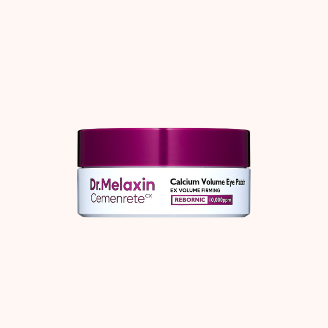 A purple container of Dr. Melaxin Cemenrete Calcium Volume Eye Patch with 60 pieces inside.