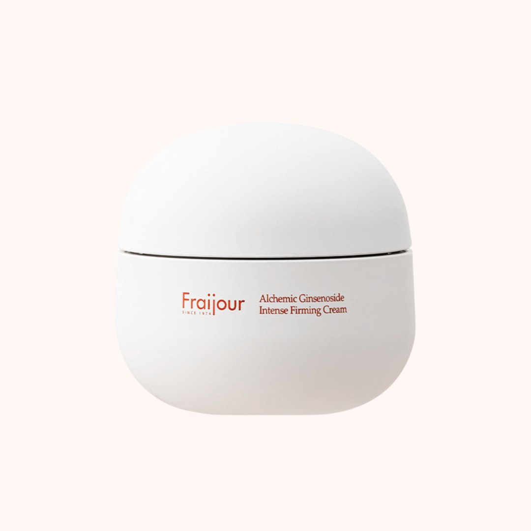 White jar of Fraijour Alchemic Ginsenoside Intense Firming Cream with orange and white labeling.
