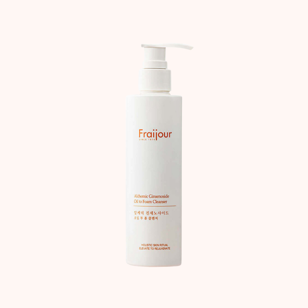 A pump bottle of Fraijour Alchemic Ginsenoside Oil to Foam Cleanser against a white background.