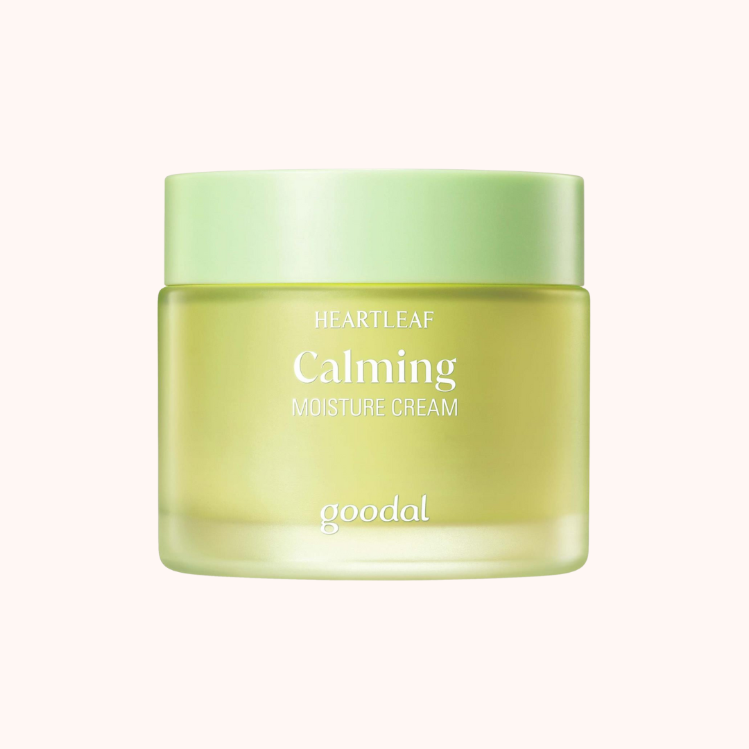 A jar of Goodal Heartleaf Calming Moisture Cream with a light green lid.