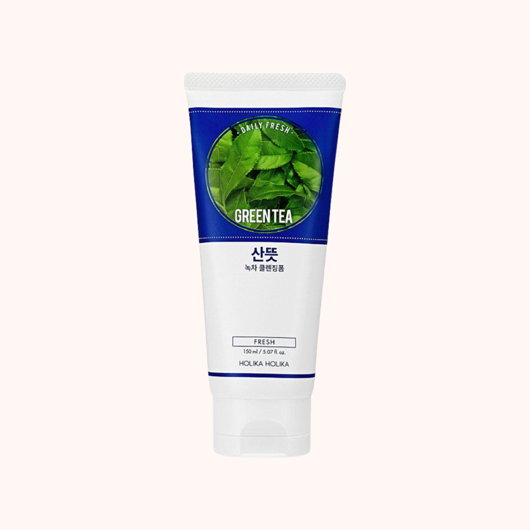 A tube of Holika Holika Daily Fresh Green Tea Cleansing Foam with a green and white label.