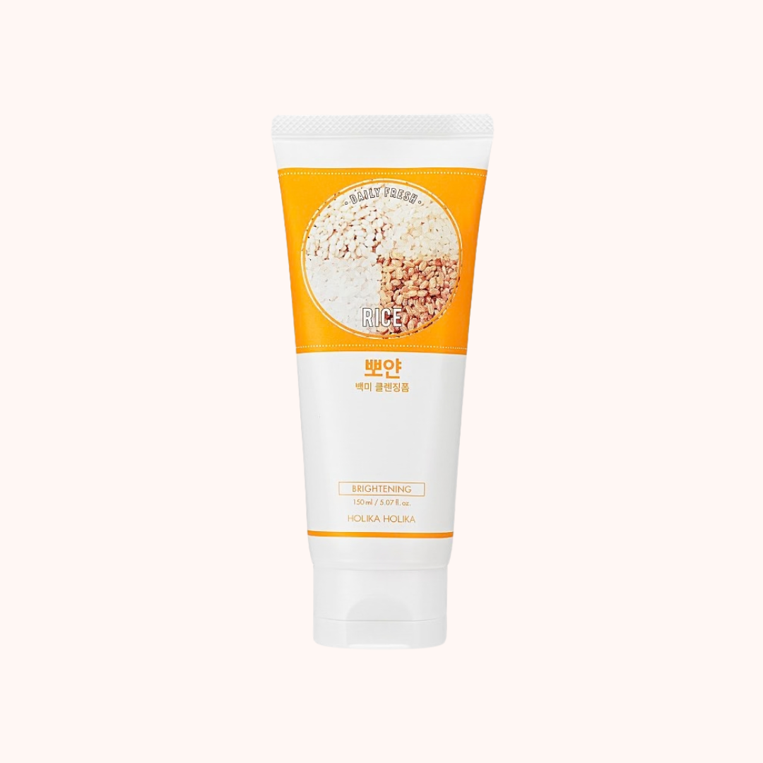 Tube of facial cleanser with rice image on a white background
