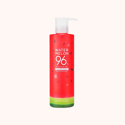 A pump bottle of Holika Holika Water Melon 96% Soothing Gel with a red label and images of watermelon slices.