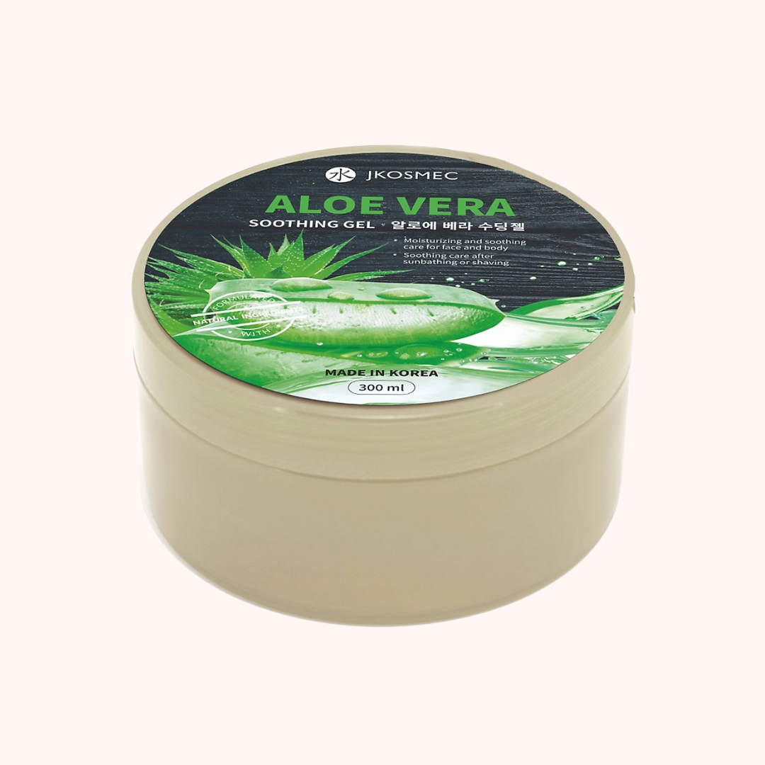 A beige container of JKOSMEC Aloe Vera Soothing Gel with a green label featuring an aloe vera plant and 300ml text.