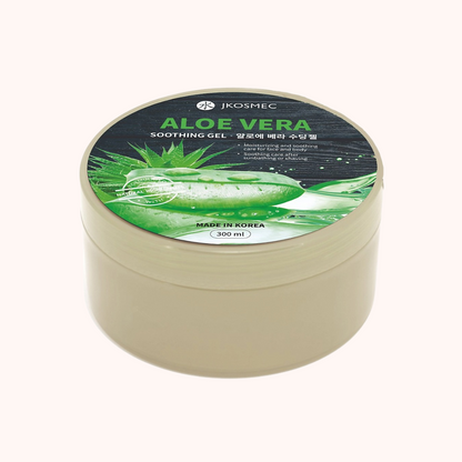 A beige container of JKOSMEC Aloe Vera Soothing Gel with a green label featuring an aloe vera plant and 300ml text.