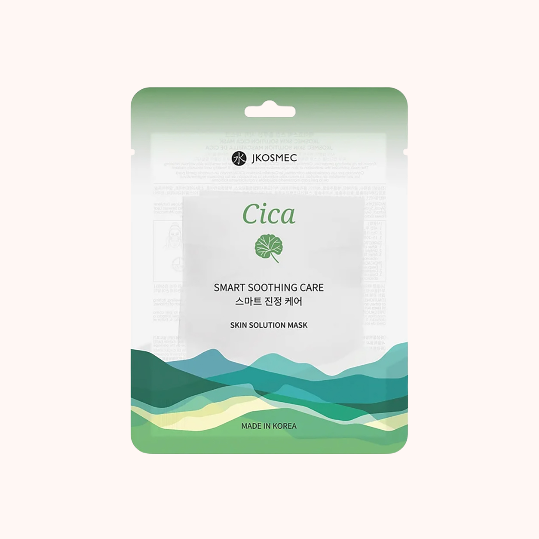 Cica skincare solution mask packaging with green gradient design on a white background