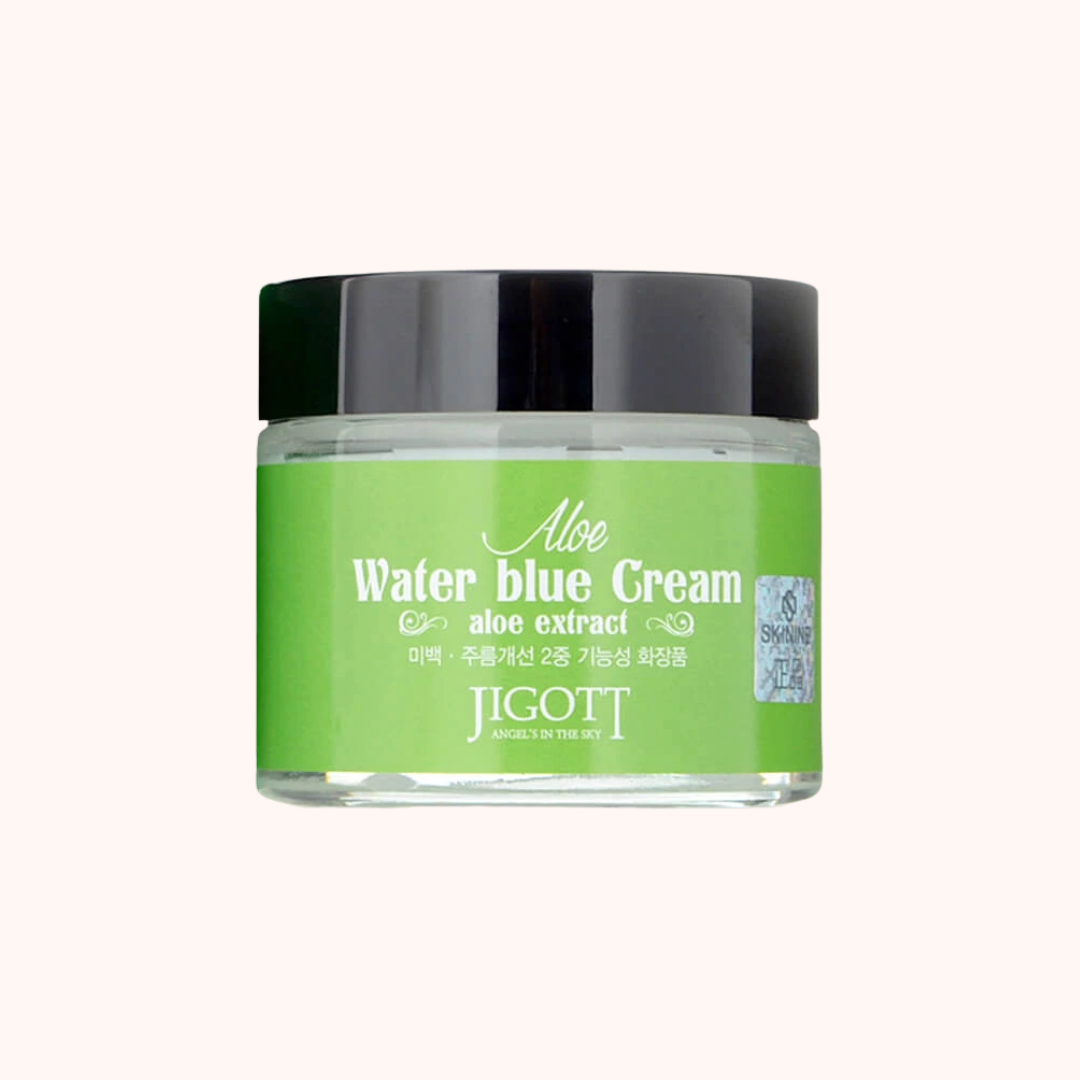 Jigott Aloe Water Blue Cream jar on a white background