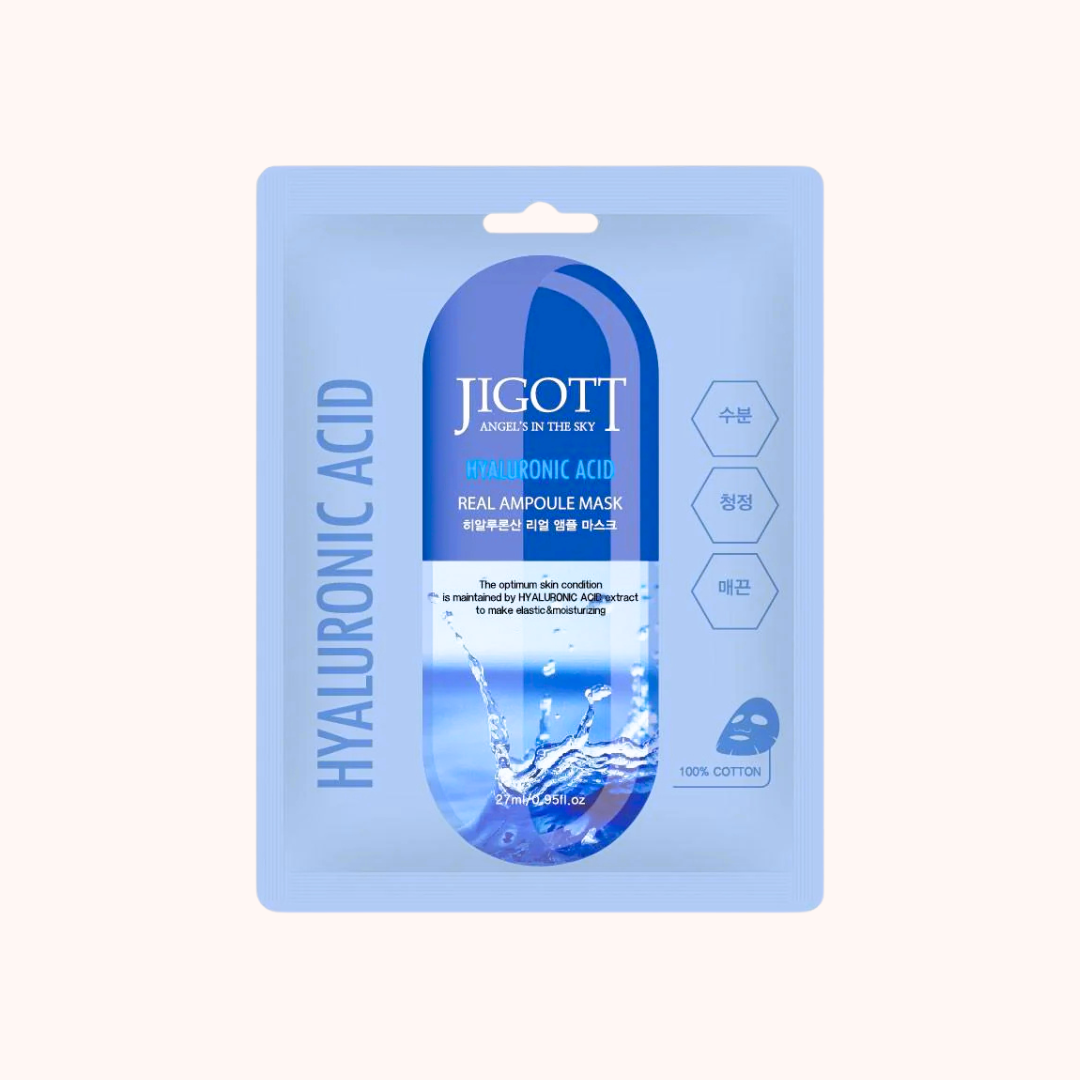 Packaging of Jigott Hyaluronic Acid Real Ampoule Sheet Mask featuring blue and white colors with product information and hydration icons.