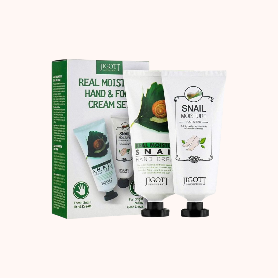 Jigott snail moisture hand cream set with packaging on a white background