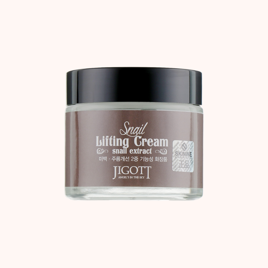 Jar of Jigott Snail Lifting Cream with black lid on a white background