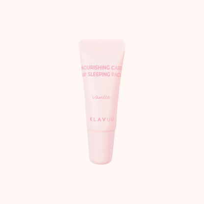 A light pink squeeze tube of Klavuu Nourishing Care Lip Sleeping Pack in Vanilla scent, centered on a very pale pink background.