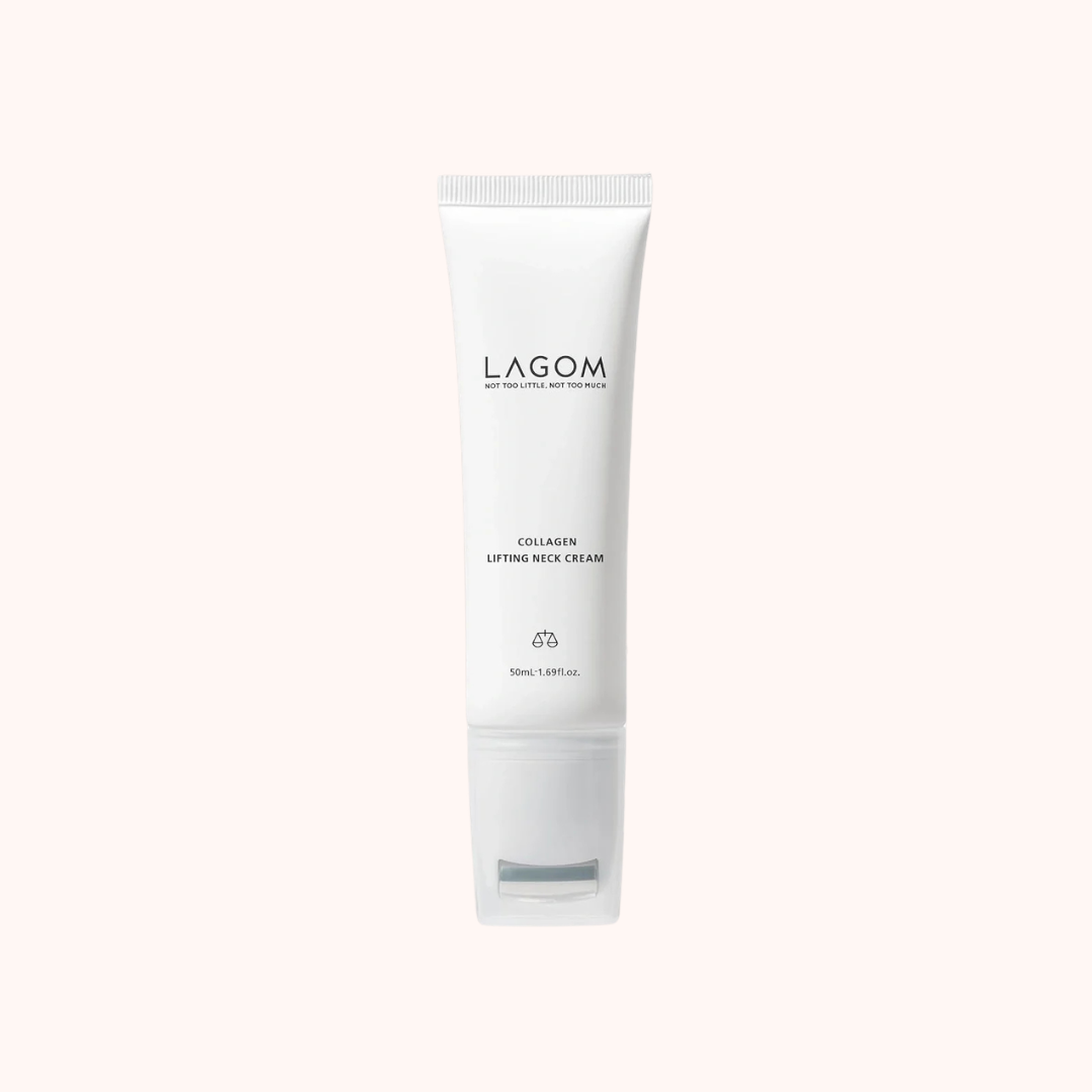 A white squeeze tube of LAGOM Collagen Lifting Neck Cream centered on a very pale pink background.
