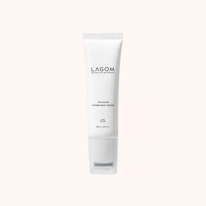 A white squeeze tube of LAGOM Collagen Lifting Neck Cream centered on a very pale pink background.