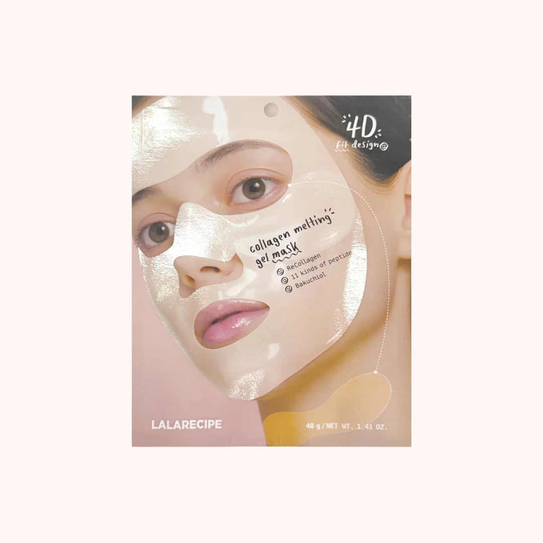 LALARECIPE 4D collagen melting gel mask packaging, featuring a model wearing a shiny, reflective silver peel mask on a soft pink background.