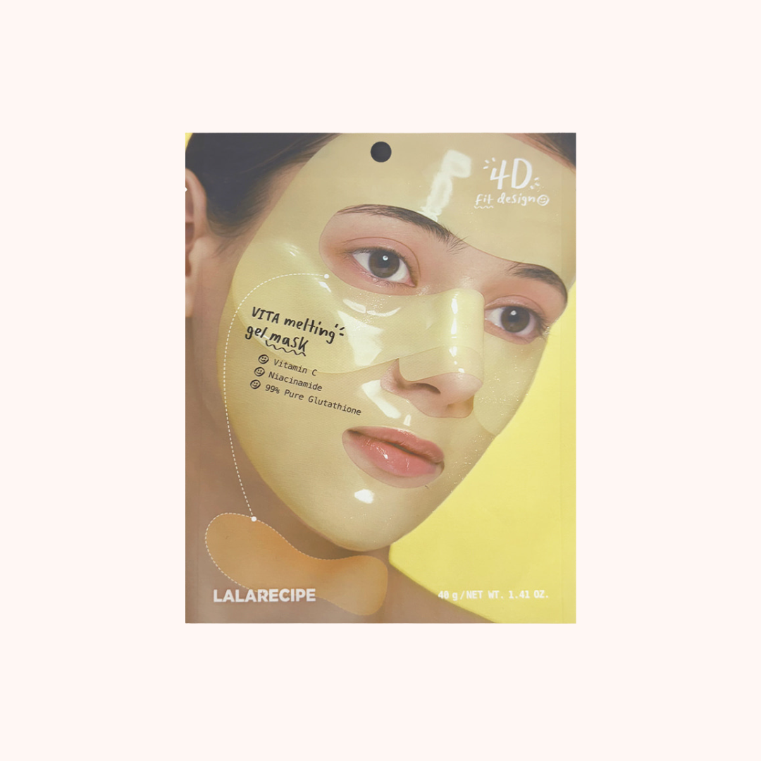 Lalarecipe Vita Melting Gel Mask packaging featuring a model wearing a translucent yellow face mask, set against a pale yellow background.