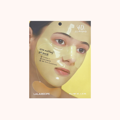 Lalarecipe Vita Melting Gel Mask packaging featuring a model wearing a translucent yellow face mask, set against a pale yellow background.
