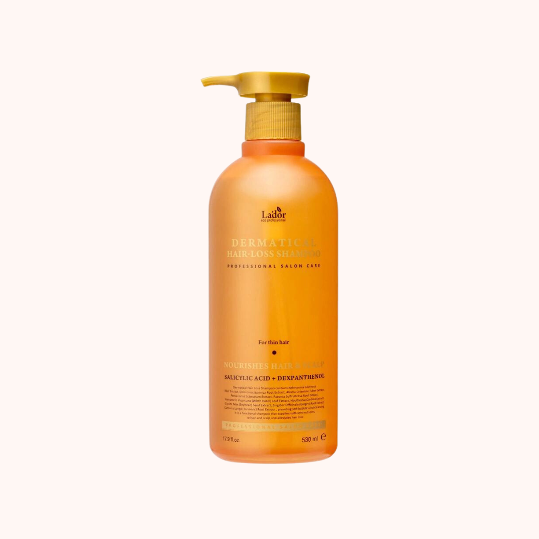 Bottle of Lador Professional Hair Care Dermatical Hair-Loss Shampoo for Thin Hair, 530ml.