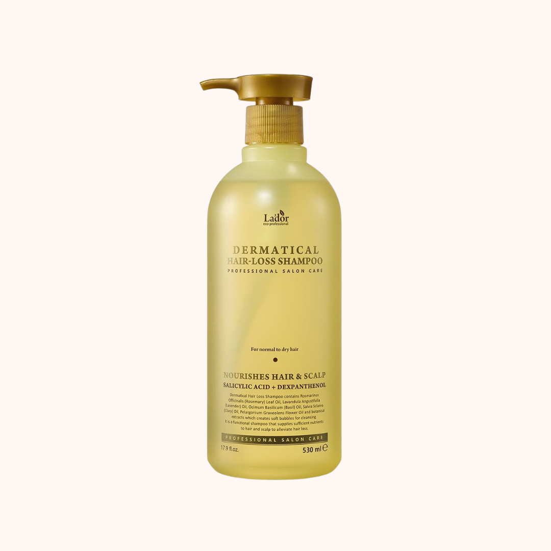 A pump bottle of Lador Dermatical Hair Loss Shampoo for normal to dry hair, 530ml.