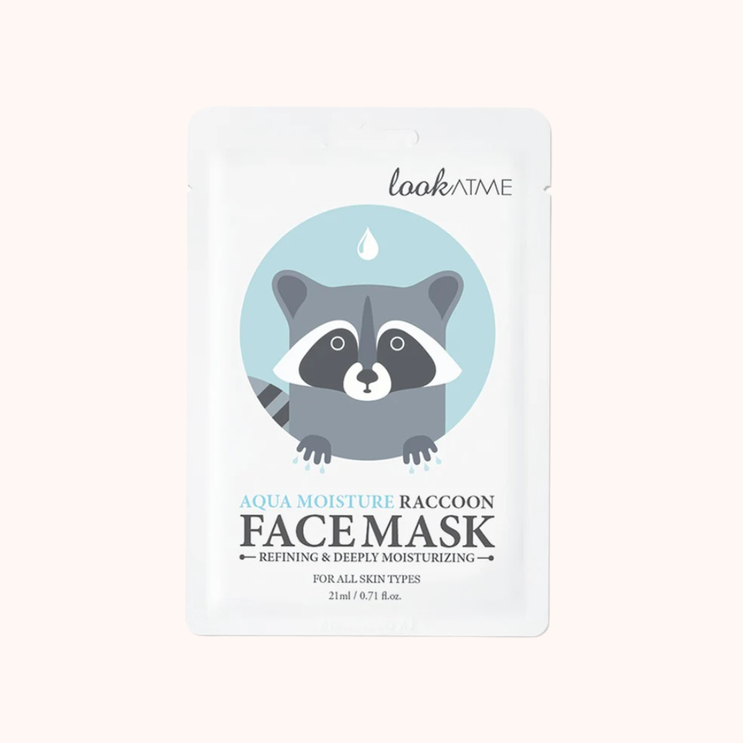 Packaging of Look At Me Aqua Moisture Raccoon Face Mask featuring an illustration of a raccoon and product details