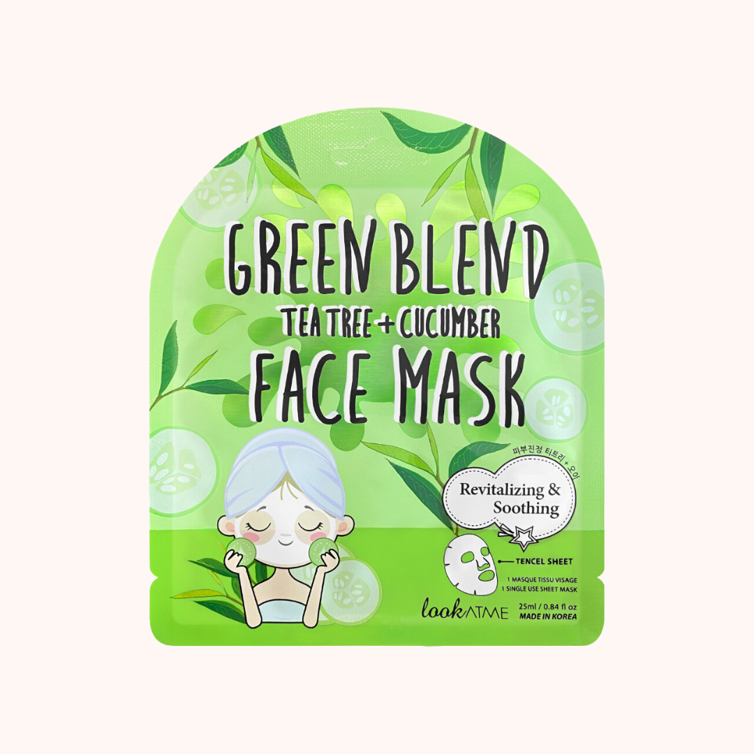 Packaging of Look At Me Green Blend Tea Tree + Cucumber Face Mask with illustration of a smiling face and tea trees, indicating the product&