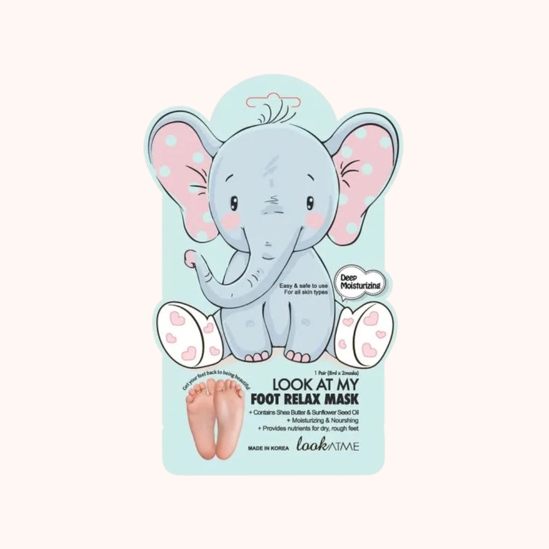 Foot relax mask packaging with an elephant design on a light blue background