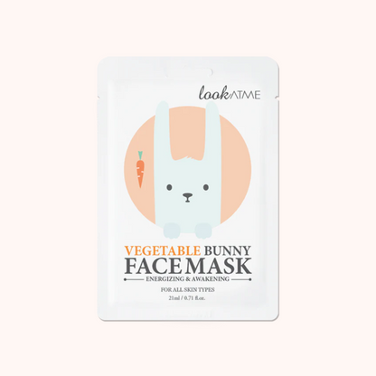 Packaging of Look At Me Vegetable Bunny Face Mask with a cartoon bunny design, predominantly in pink and white tones.